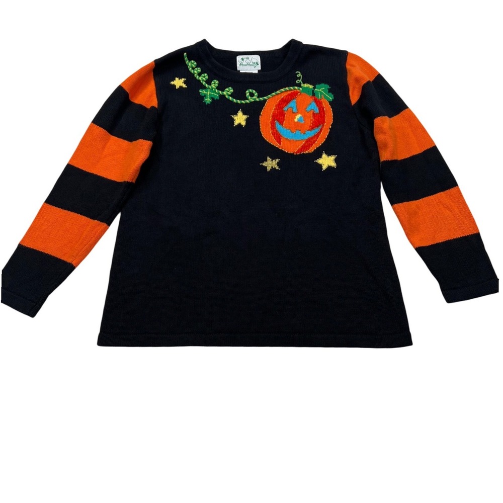 VTG Quacker Factory Halloween Sweater Womens Med Pumpkin Jack O'Lantern Striped